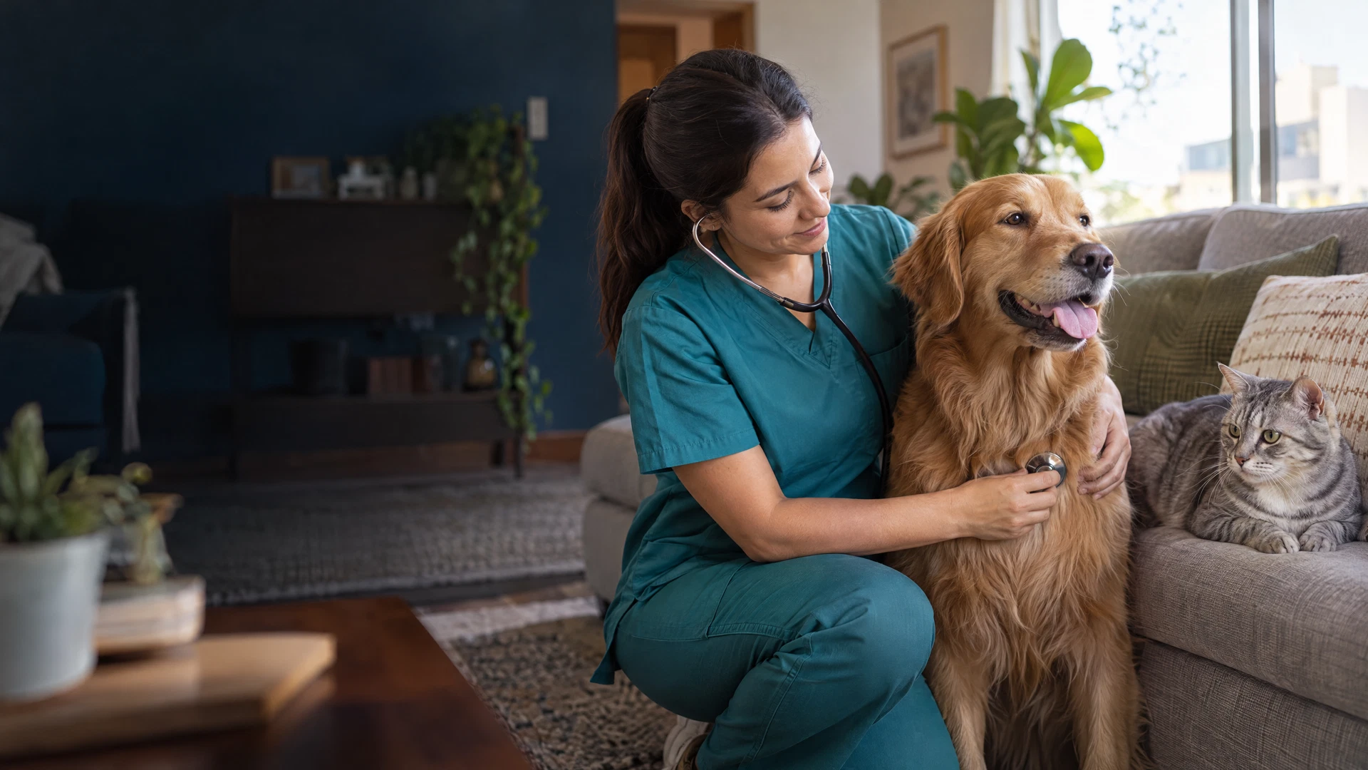 Veterinária cuidando de um cachorro e um gato na sala de uma residência.