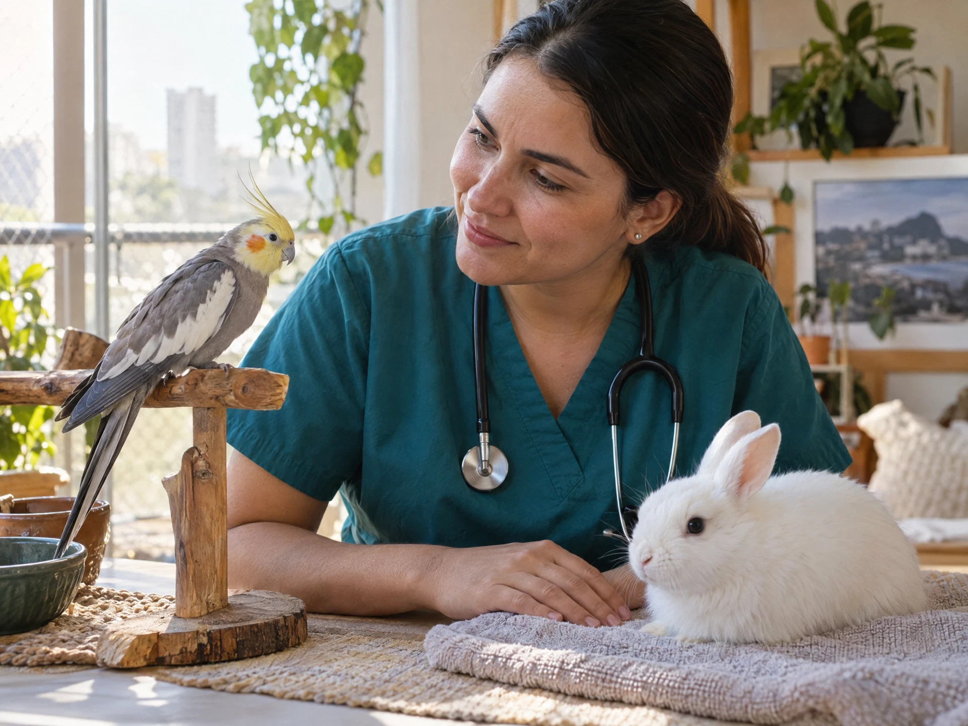 Veterinária observando uma calopsita e um coelho em um ambiente domiciliar acolhedor.
